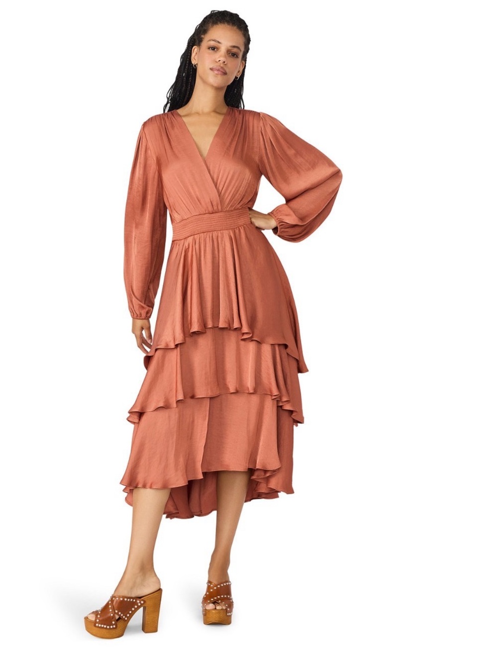 Steve Madden | Bei Dress Cooper | Tiered High-Low Ruffle Stain‎ Midi Dress XL